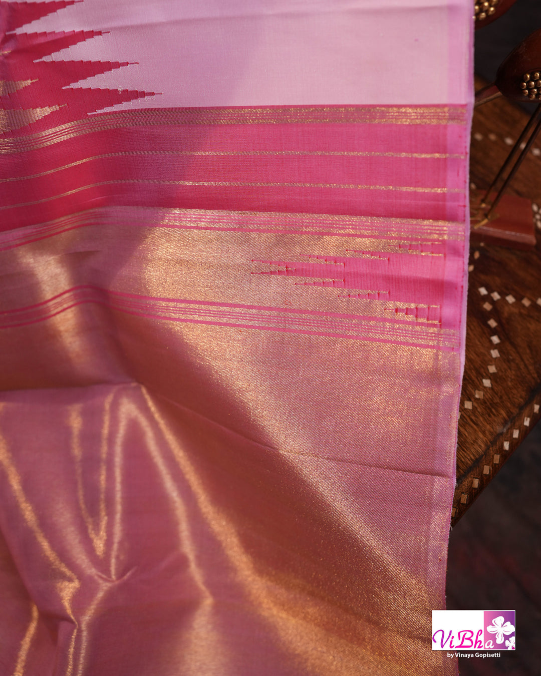 Baby Pink Kanchi Silk Saree with Blouse &amp; Zari Temple Border
