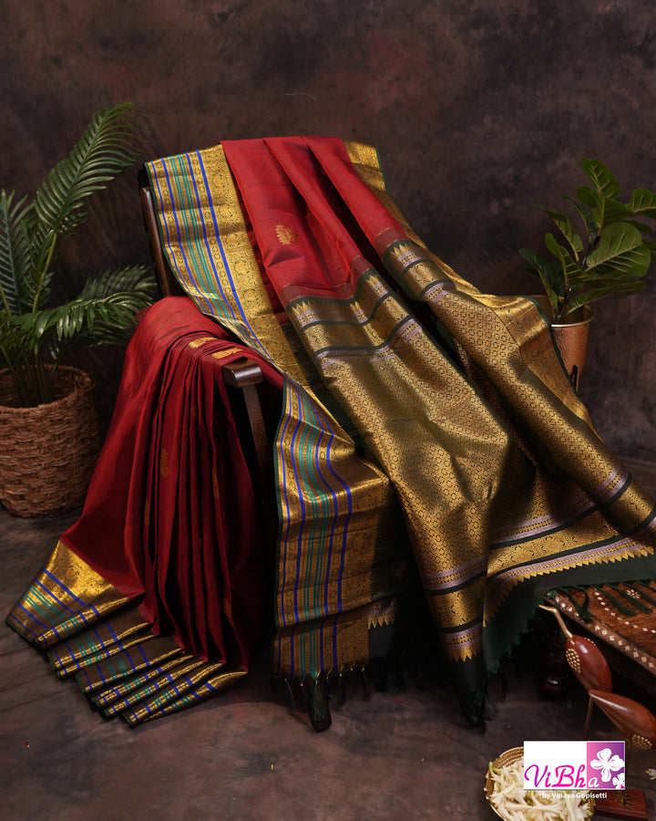 Dark Maroon And Green Kanchi Silk Saree And Blouse