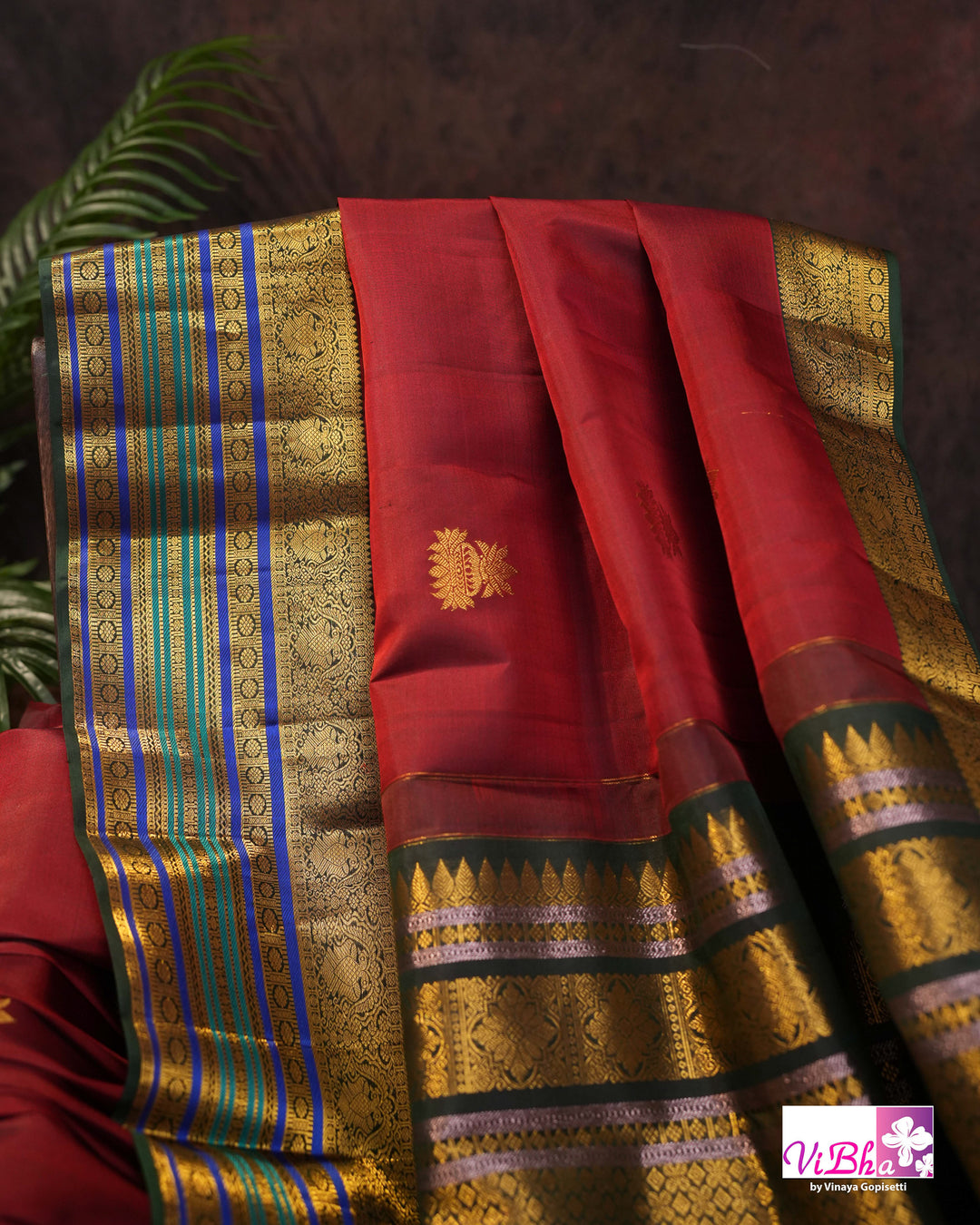 Dark Maroon And Green Kanchi Silk Saree And Blouse