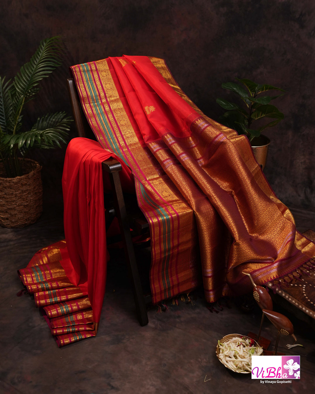 Red Kanchi Silk Saree With Deep Maroon Blouse