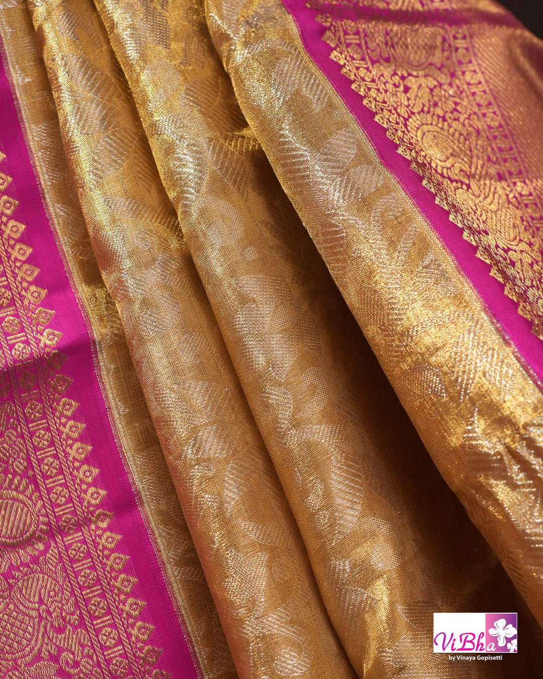 Gold Kanchi Silk Saree with Magenta Pink Border and Ornate Woven Pallu