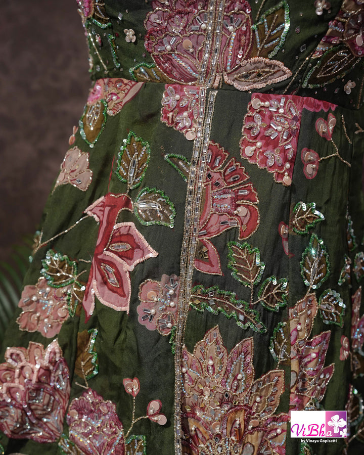 Olive Green Floral Embellished Sharara Set