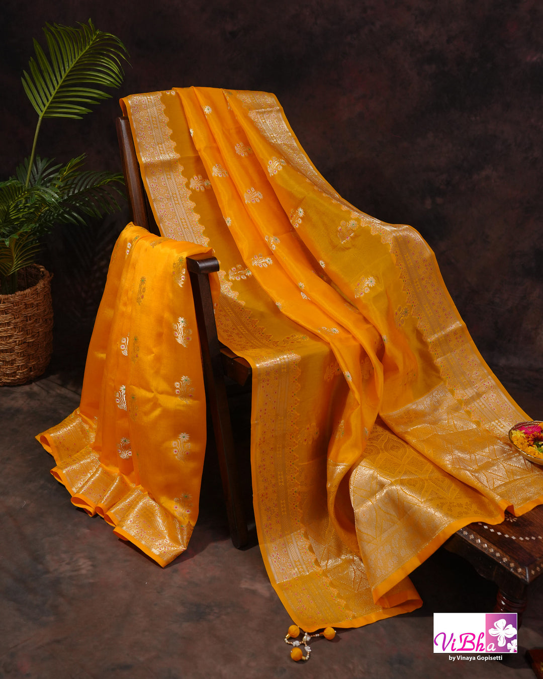 Yellow cora meenakari silk