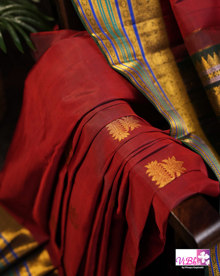 Dark Maroon And Green Kanchi Silk Saree And Blouse