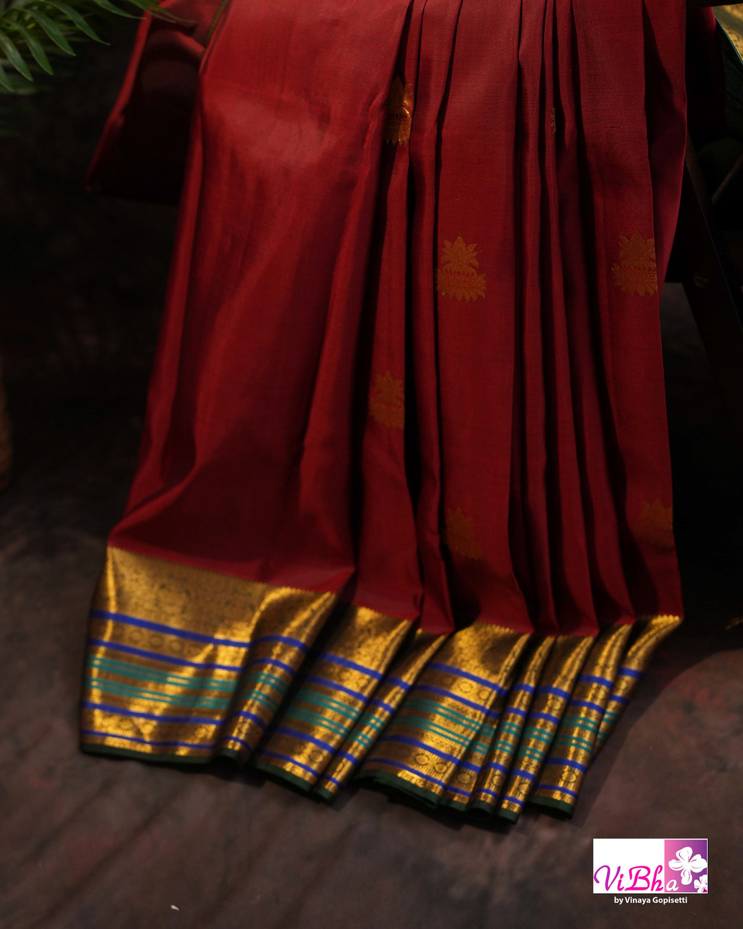 Dark Maroon And Green Kanchi Silk Saree And Blouse