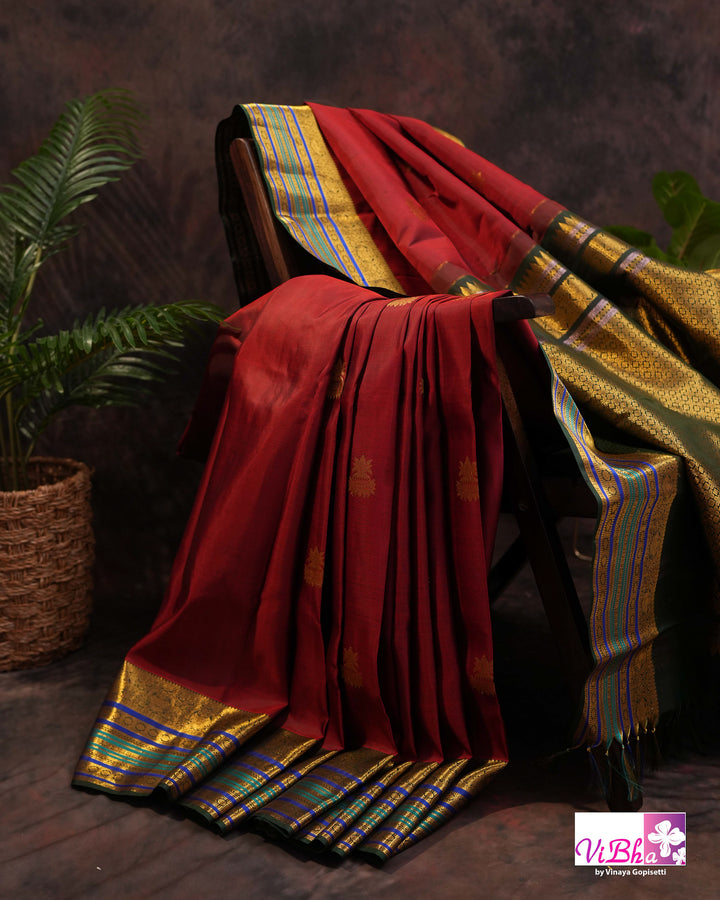 Dark Maroon And Green Kanchi Silk Saree And Blouse