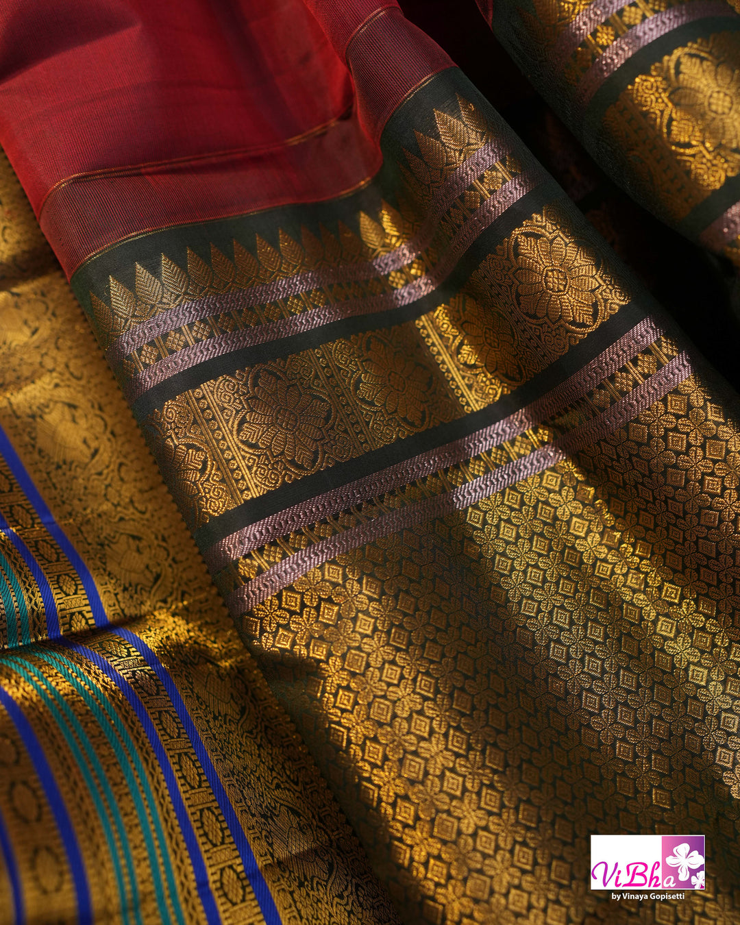 Dark Maroon And Green Kanchi Silk Saree And Blouse