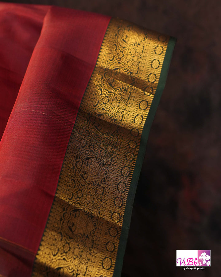 Dark Maroon And Green Kanchi Silk Saree And Blouse