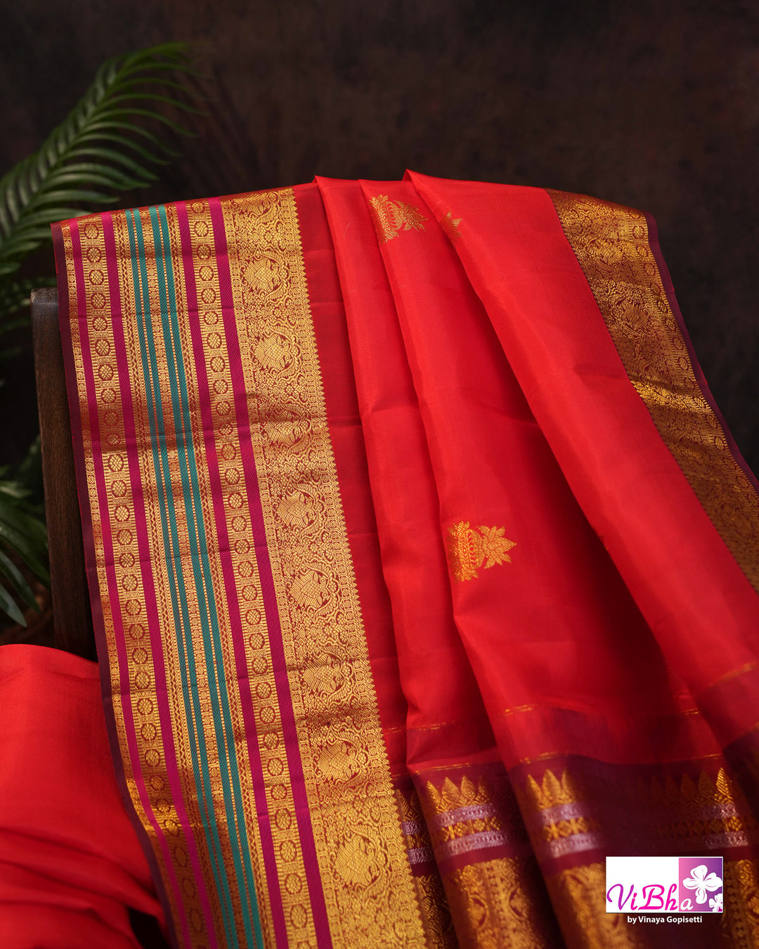 Red Kanchi Silk Saree With Deep Maroon Blouse