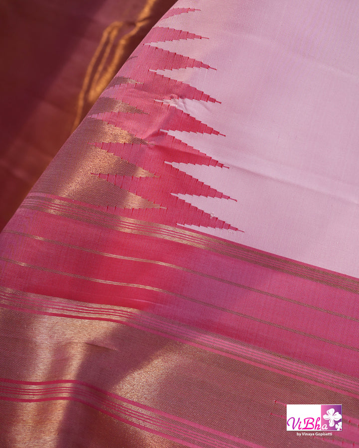 Baby Pink Kanchi Silk Saree with Blouse &amp; Zari Temple Border