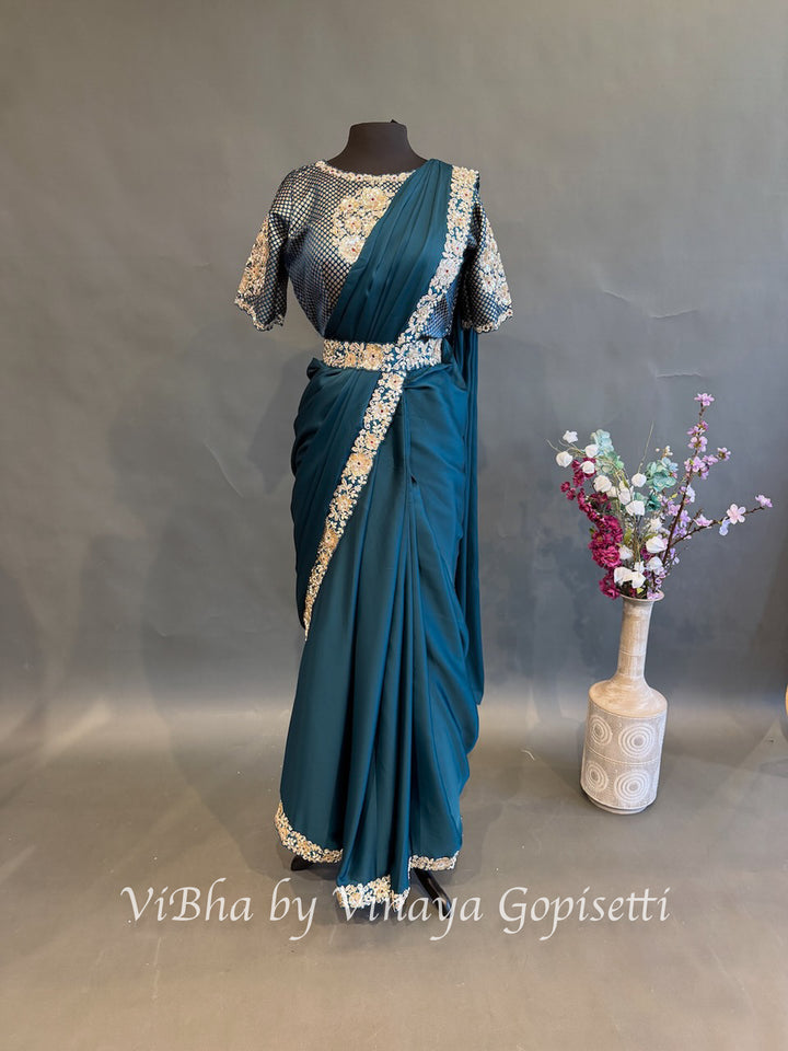 Peacock Blue Pre daraped saree and blouse with a Koti / vest