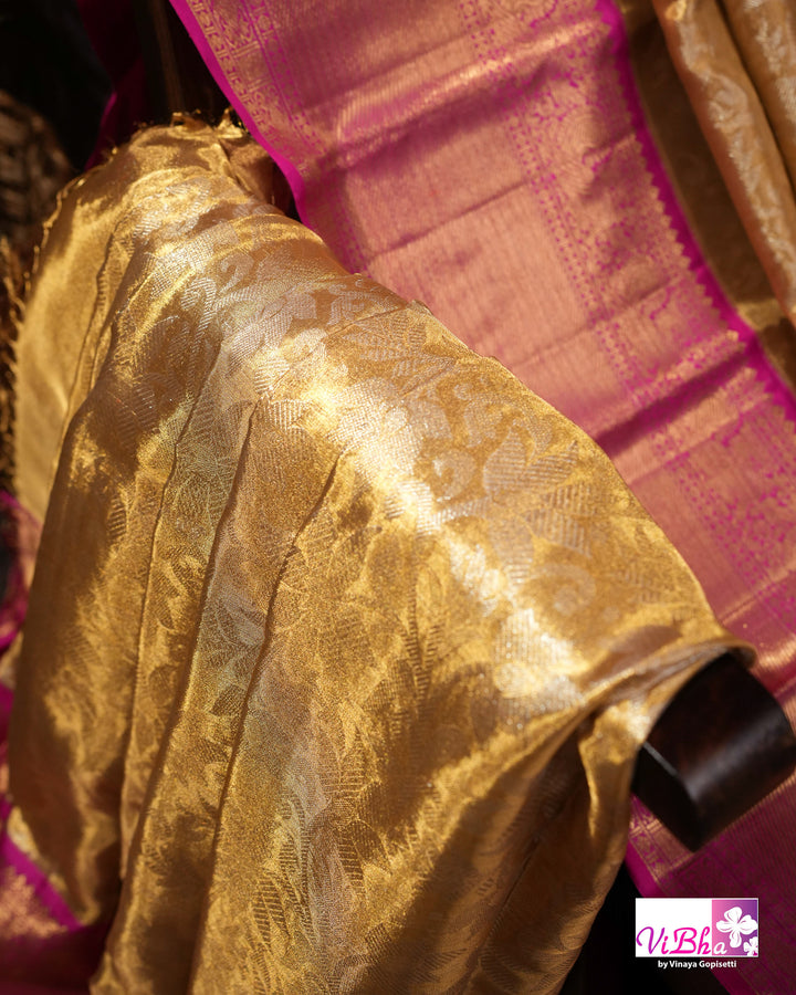 Gold Kanchi Silk Saree with Magenta Pink Border and Ornate Woven Pallu