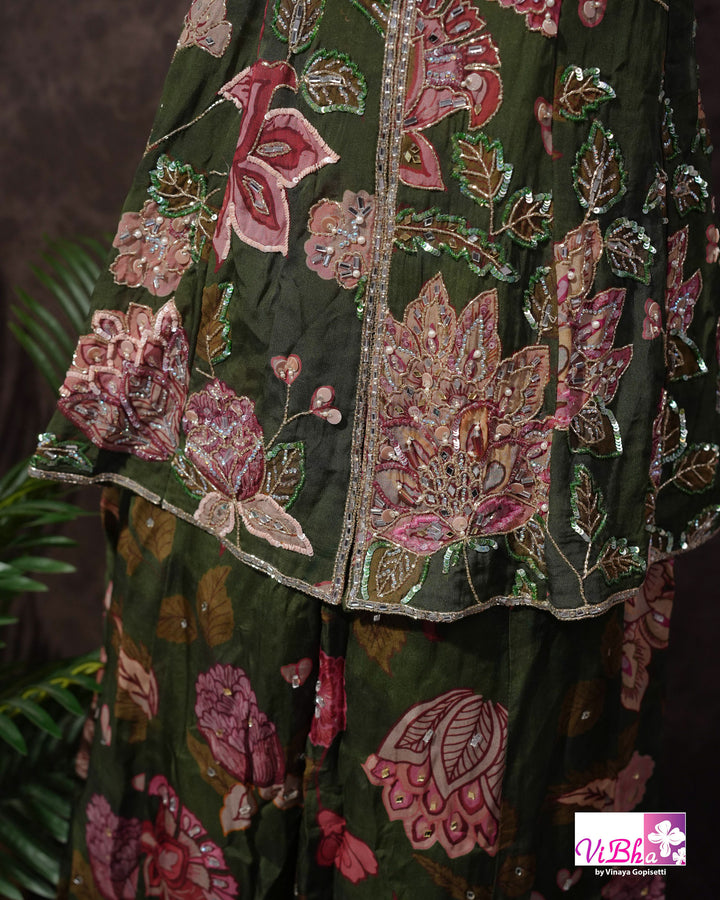 Olive Green Floral Embellished Sharara Set