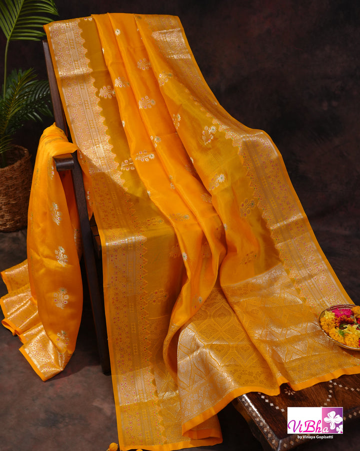Yellow cora meenakari silk