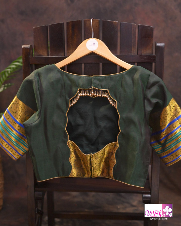 Dark Maroon And Green Kanchi Silk Saree And Blouse