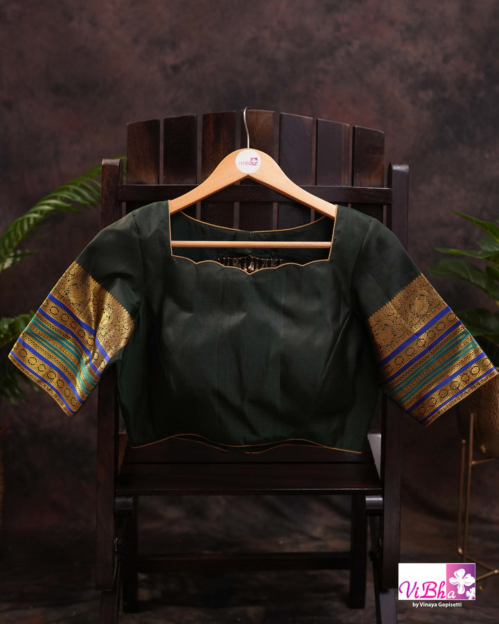 Dark Maroon And Green Kanchi Silk Saree And Blouse