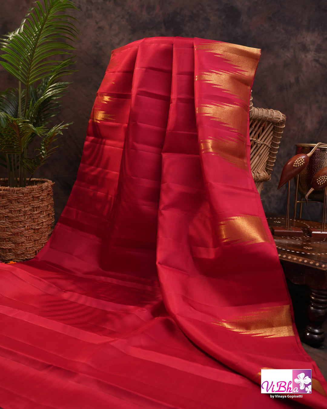 Crimson Handloom Kanchi Silk Saree with Blouse &amp; Zari Temple Border