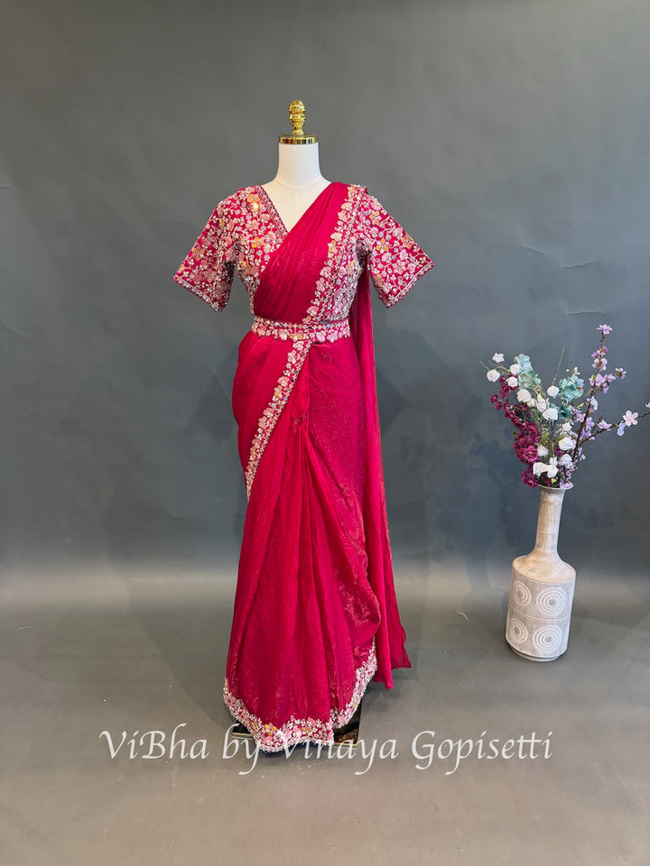Dark pink glass silk  Pre draped  Saree and blouse