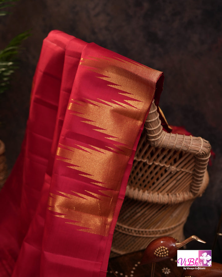 Crimson Handloom Kanchi Silk Saree with Blouse &amp; Zari Temple Border