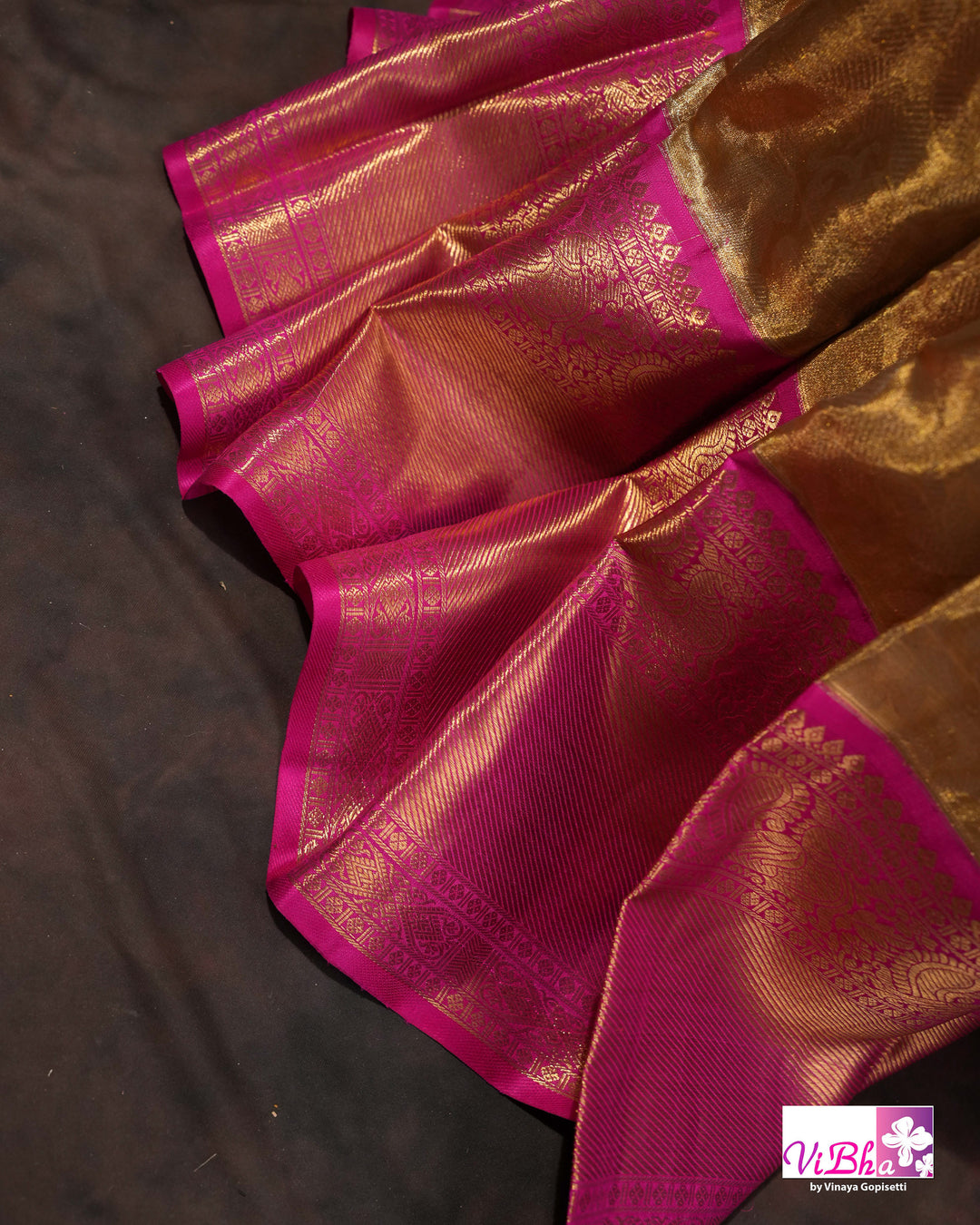 Gold Kanchi Silk Saree with Magenta Pink Border and Ornate Woven Pallu