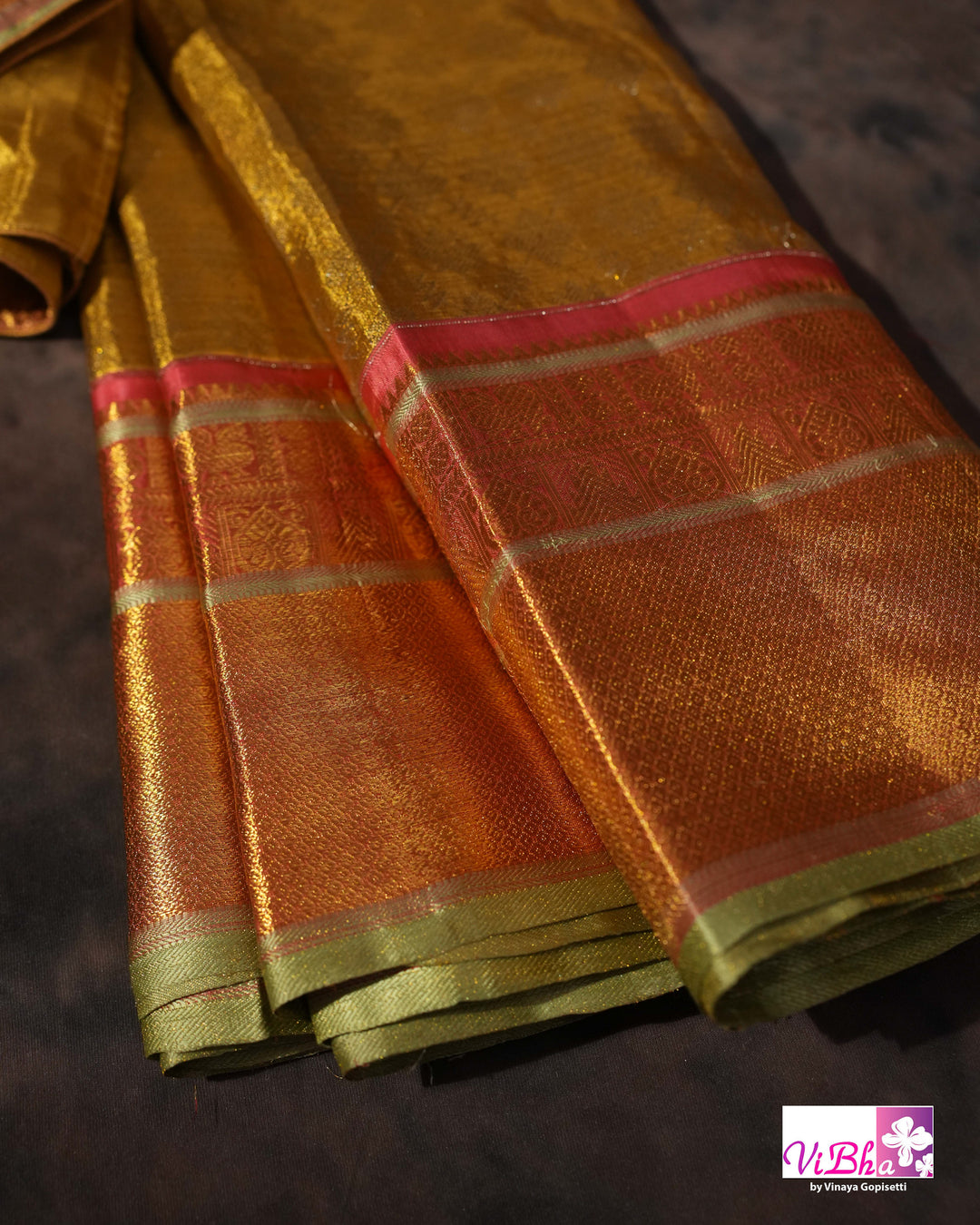 Antique Gold Kanchi Silk Saree with Copper Orange Border and Green Accents