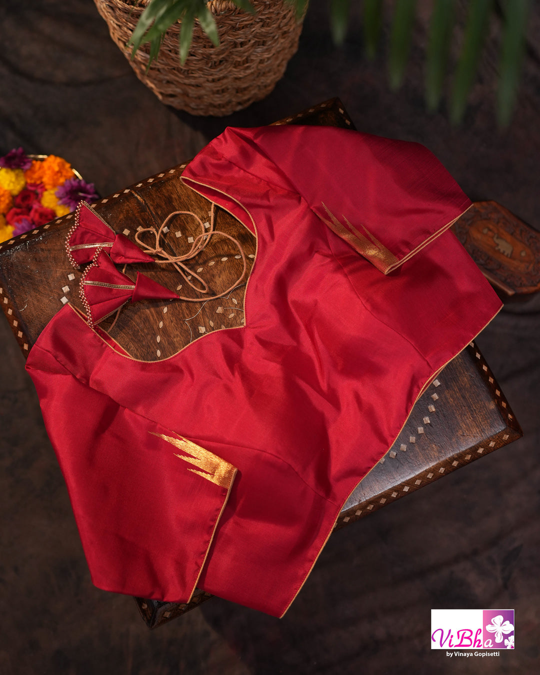 Crimson Handloom Kanchi Silk Saree with Blouse &amp; Zari Temple Border