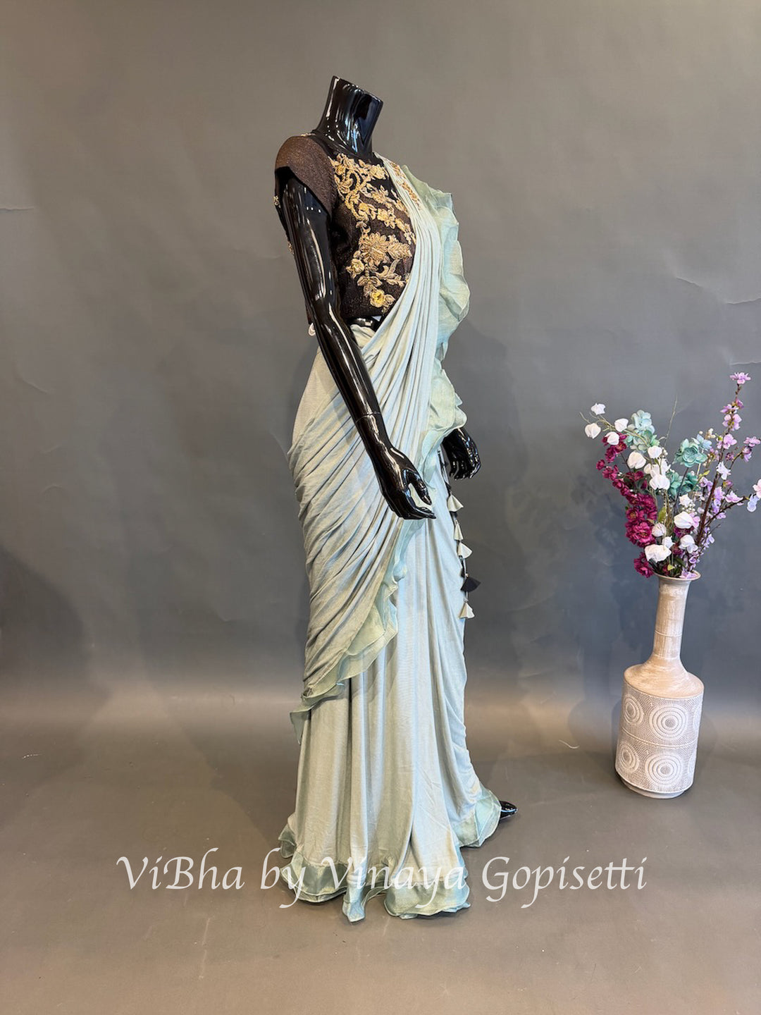 Dusty Ice blue and brown pre draped saree and blouse