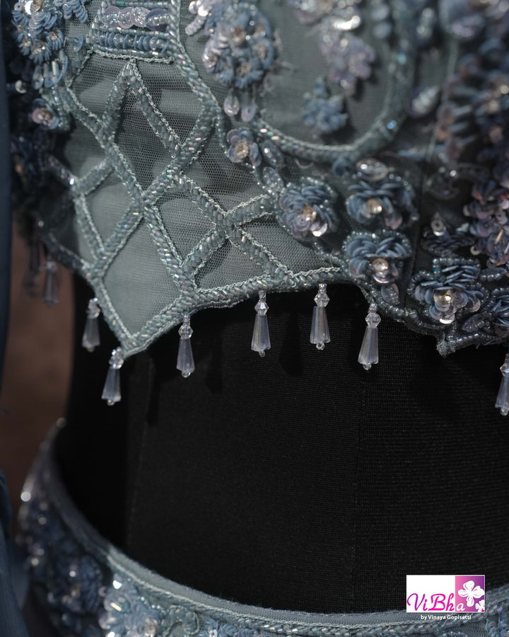 Dusty Blue Embroidered Lehenga Set With Ruffle Dupatta
