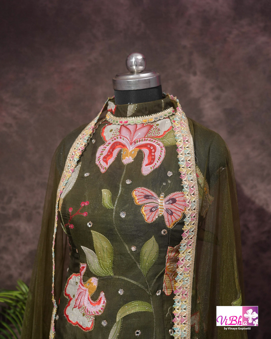 Dark Mehendi Green Floral position print high neck Gharara set