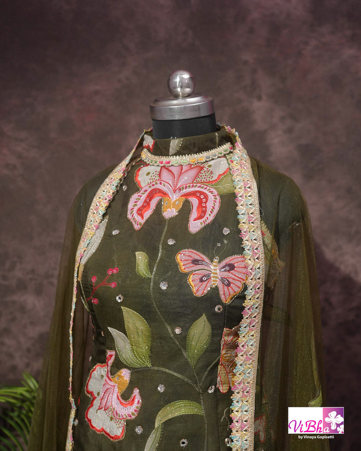 Dark Mehendi Green Floral position print high neck Gharara set