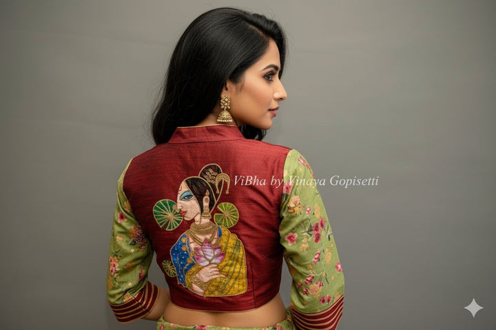 Maroon hand painted blouse with embroidery and floral sleeves.