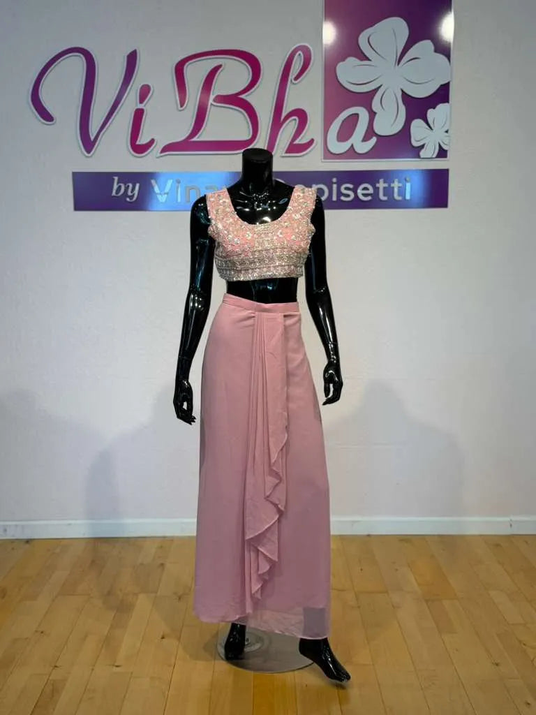 Dusty Rose Embellished Fusion Draped Skirt Set