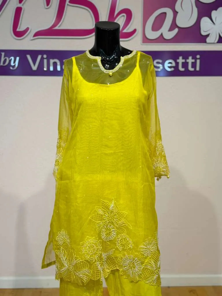 Lime Yellow Floral Embroidered Salwar Suit Set