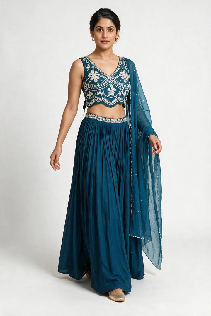 Teal Blue &amp; Ivory Embroidered Lehenga Set