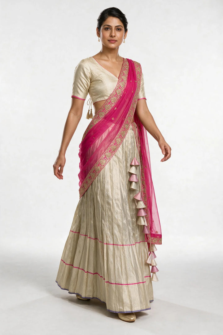 Ivory &amp; Rani Pink Embroidered Half Saree Set