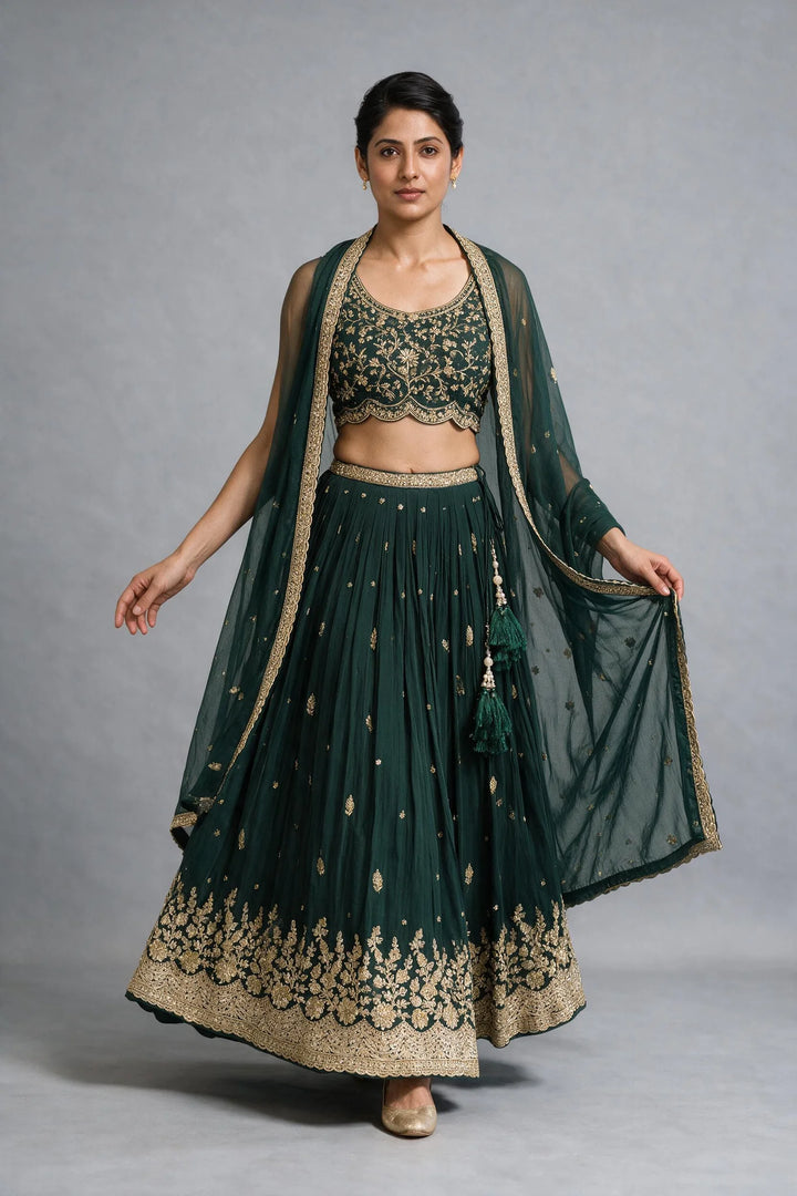 Emerald Green Silk Hand-Embroidered Zardosi Lehenga Set