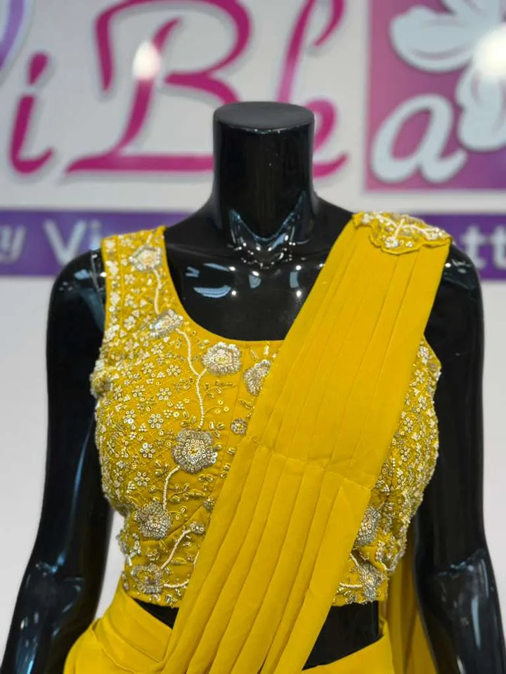 Mustard Yellow Embroidered Fusion Draped Skirt Set