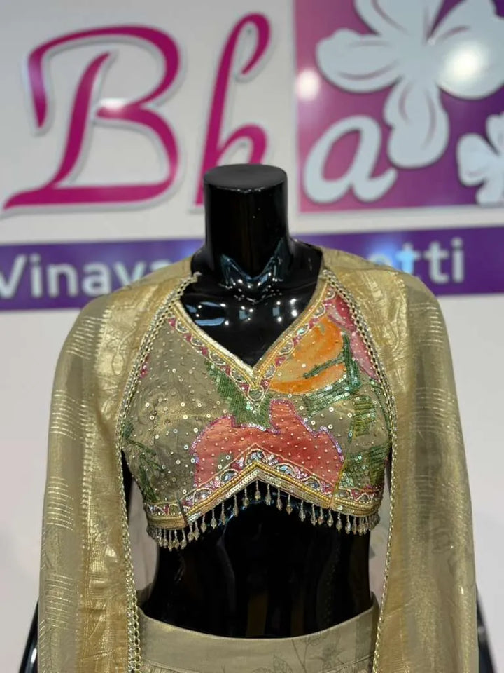 Champagne Beige Floral Embellished Lehenga Set