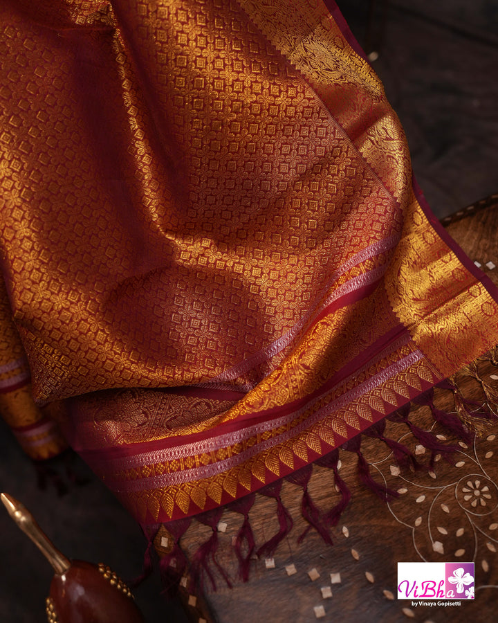 Red Kanchi Silk Saree With Deep Maroon Blouse