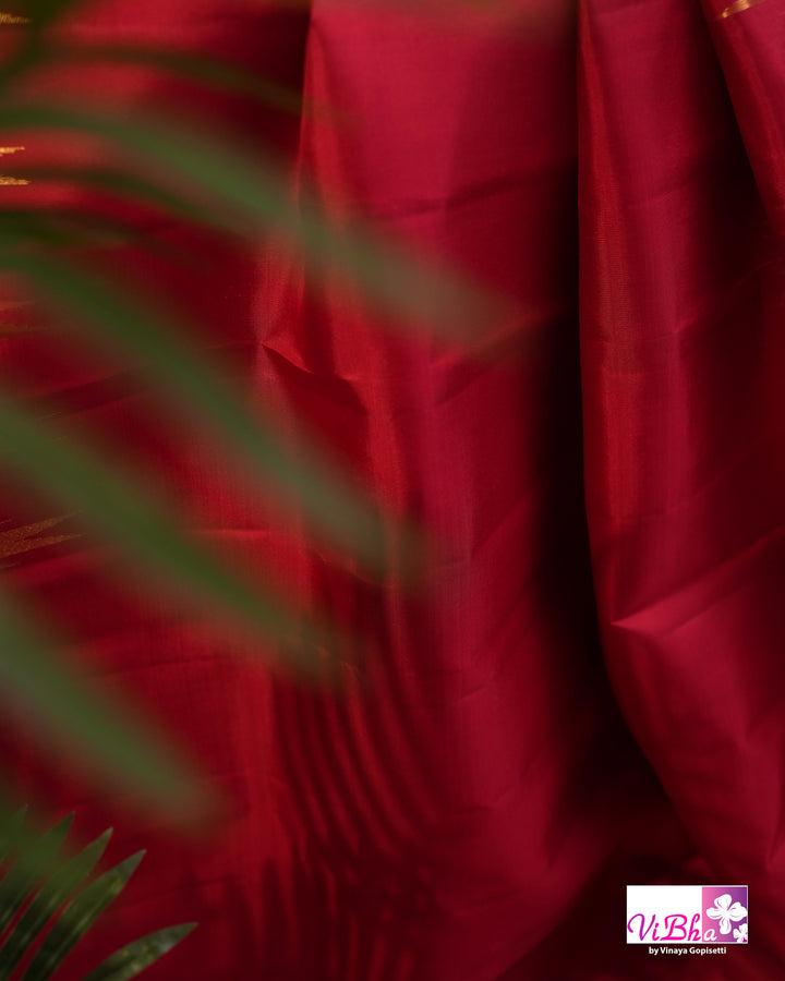 Crimson Handloom Kanchi Silk Saree with Blouse &amp; Zari Temple Border