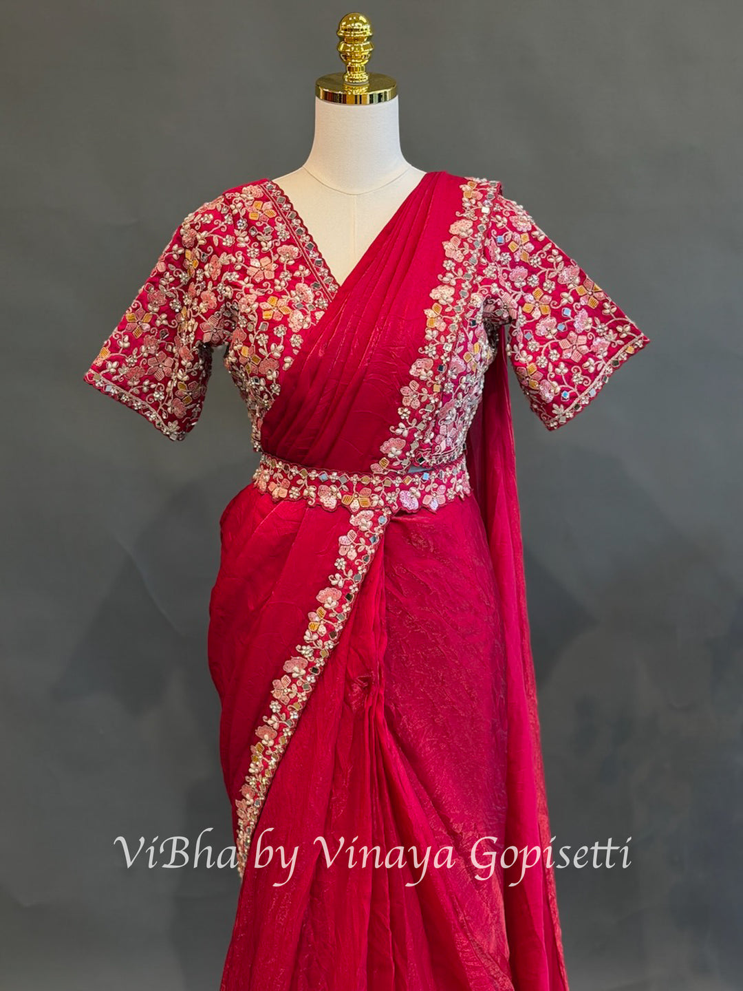 Dark pink glass silk  Pre draped  Saree and blouse