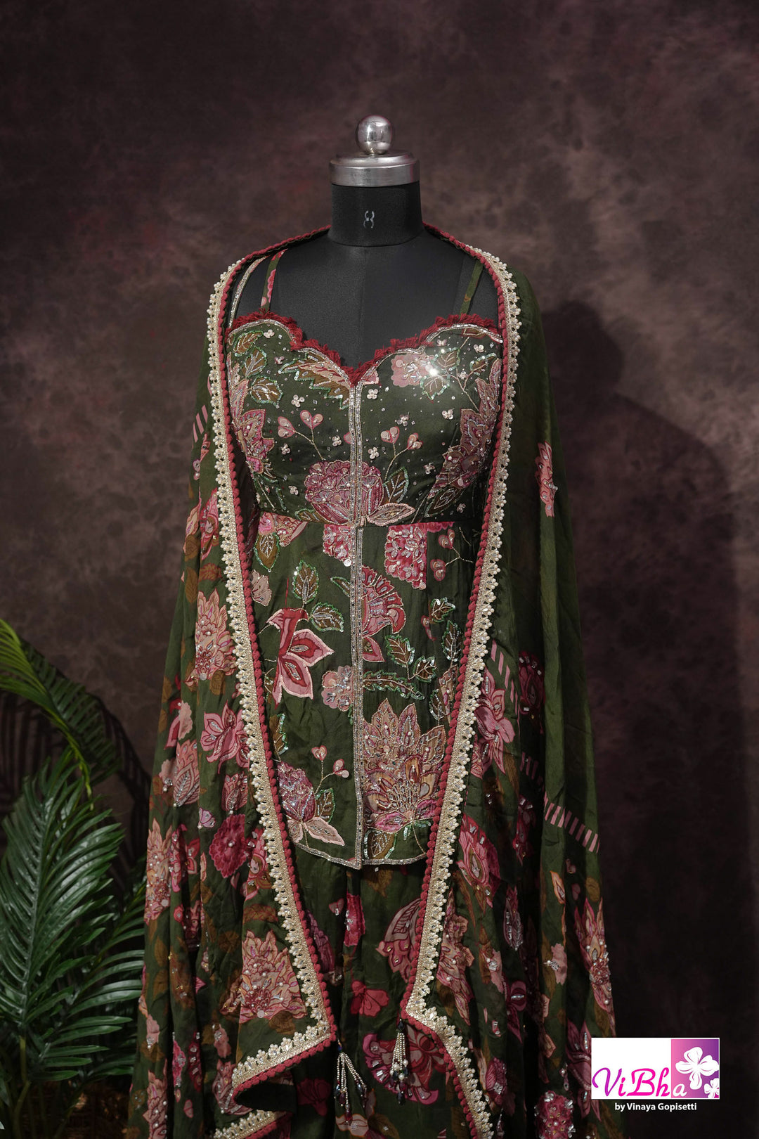 Olive Green Floral Embellished Sharara Set