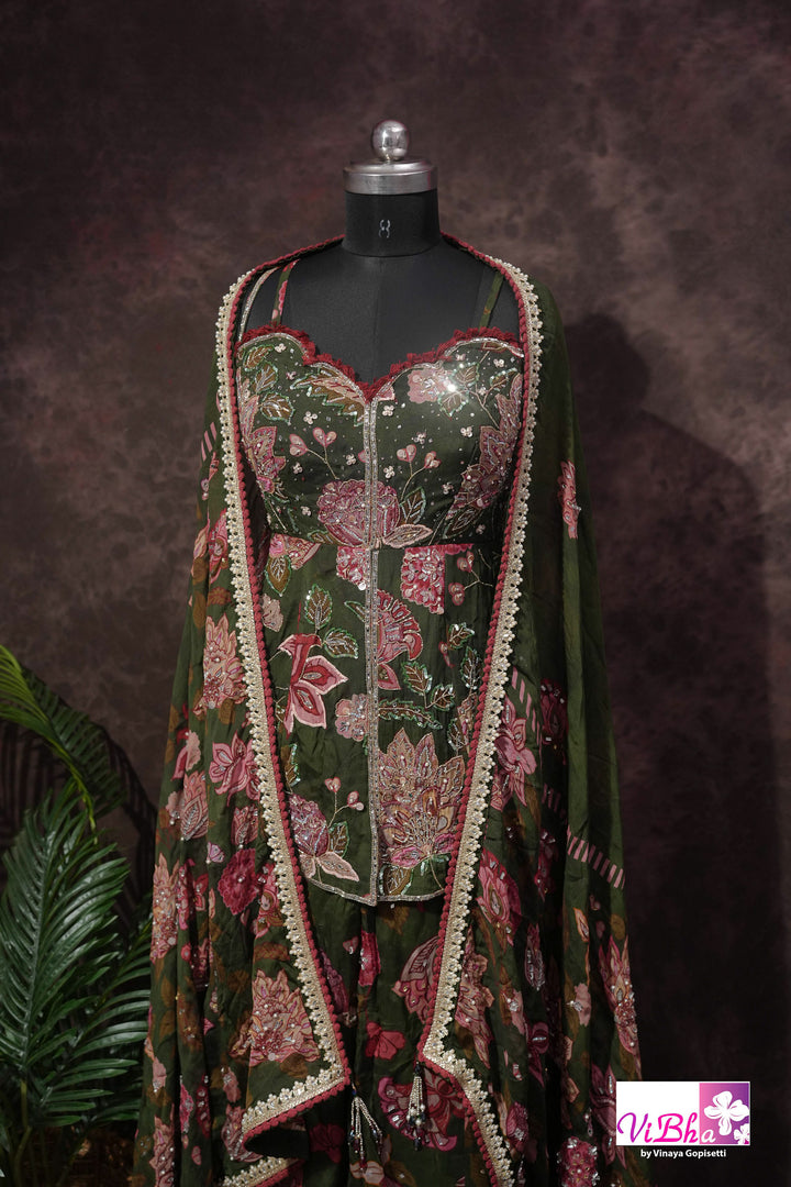 Olive Green Floral Embellished Sharara Set