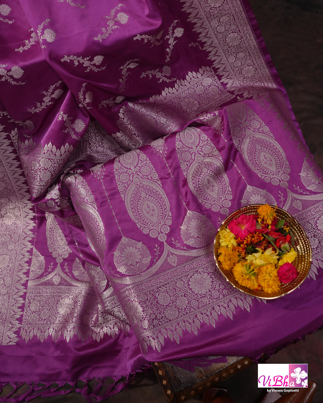 Dark Lilac all over silver zari saree