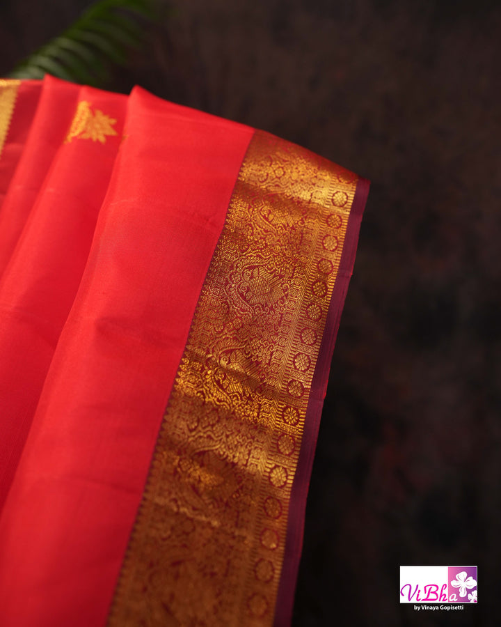 Red Kanchi Silk Saree With Deep Maroon Blouse