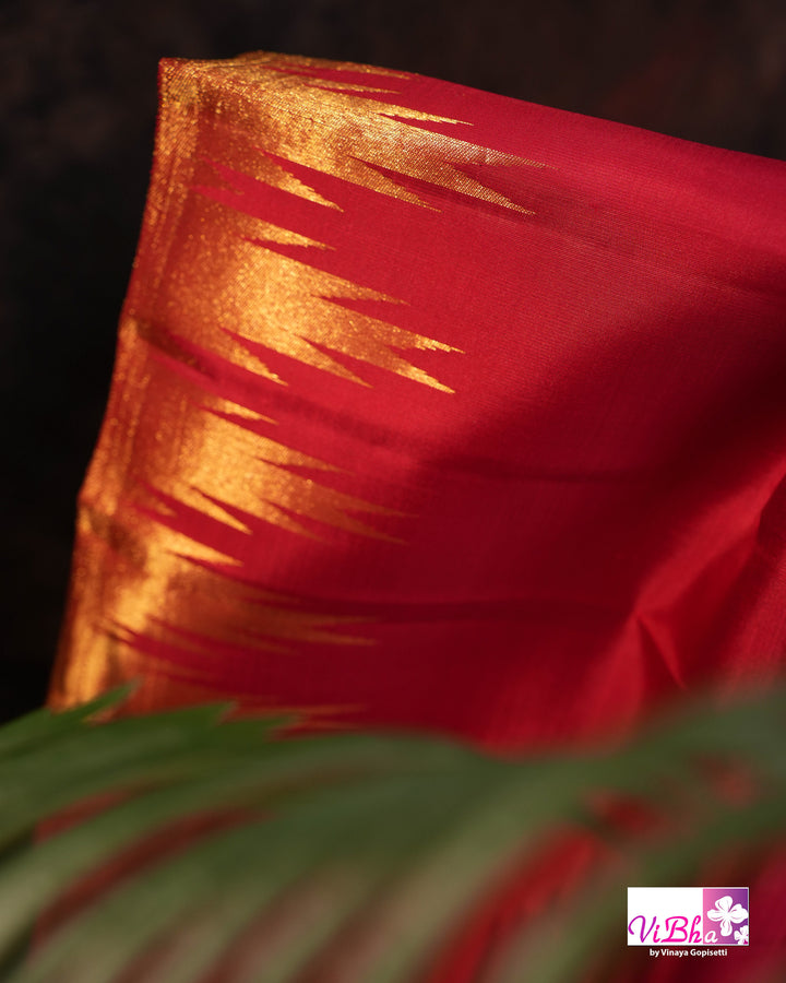 Crimson Handloom Kanchi Silk Saree with Blouse &amp; Zari Temple Border