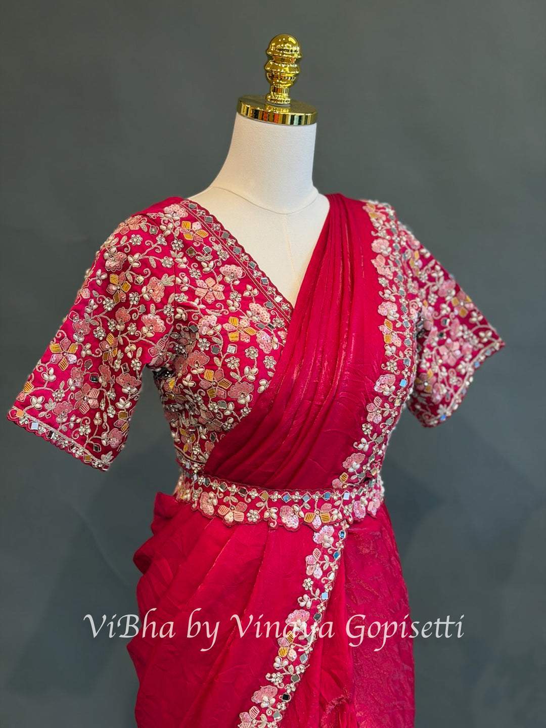 Dark pink glass silk  Pre draped  Saree and blouse