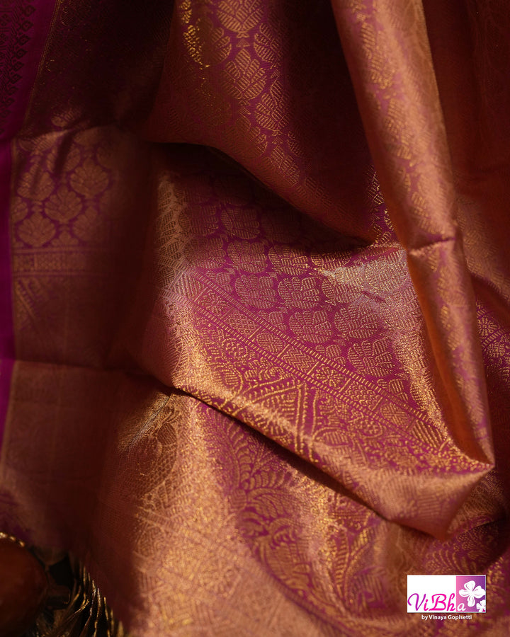 Gold Kanchi Silk Saree with Magenta Pink Border and Ornate Woven Pallu