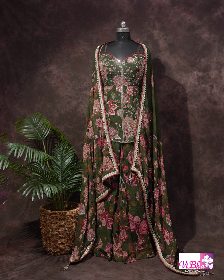 Olive Green Floral Embellished Sharara Set