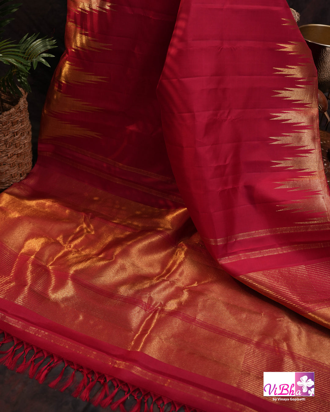 Crimson Handloom Kanchi Silk Saree with Blouse &amp; Zari Temple Border